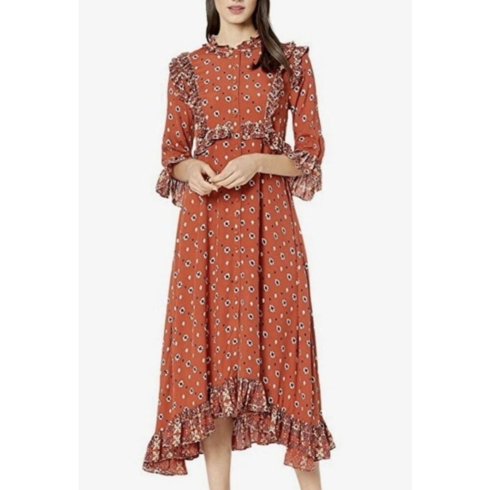 Free People Calico Skies Midi Dress Ruffle Button Boho Cottagecore Western Small